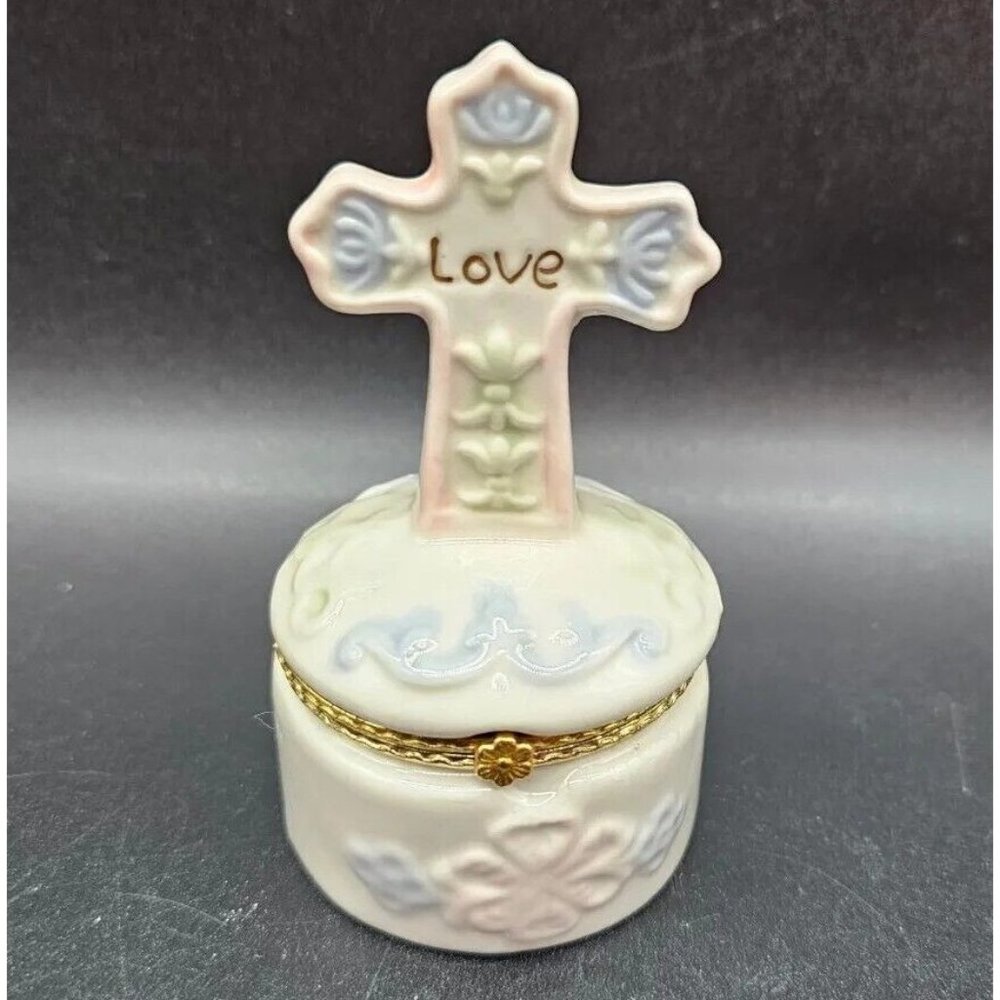 Greenbrier International Cross Trinket Box Magnetic Closure Pastel Colors Easter